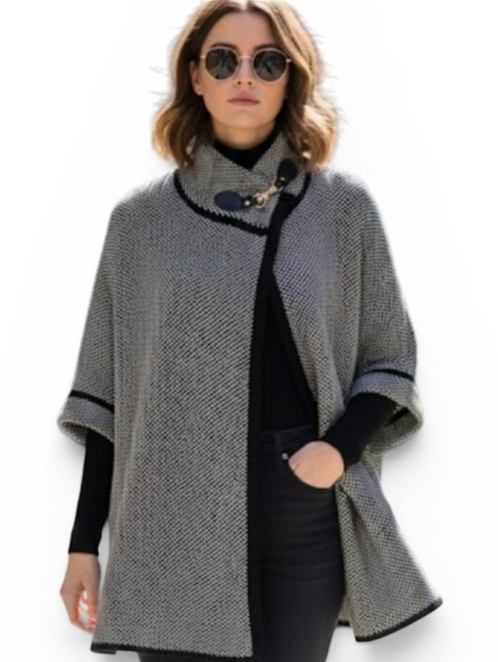 Dark Academia Knit Cape Poncho with Clasp Closure – Wool Blend